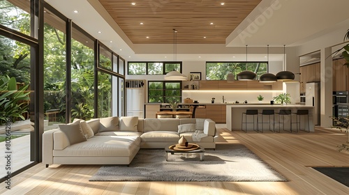 An interior design rendering of a modern living room and dining area in an open concept home with light wood floors, in the style of a minimalist modern interior design. © horizon