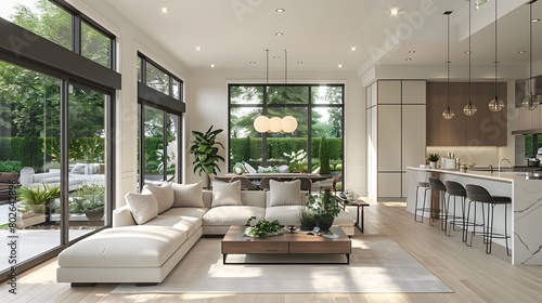 An interior design rendering of a modern living room and dining area in an open concept home with light wood floors, in the style of a minimalist modern interior design. © horizor