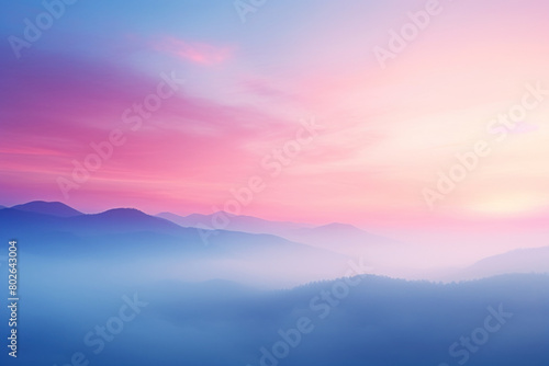 Dreamy Mountain Landscape at Sunrise with Soft Pink and Purple Sky Over Misty Peaks