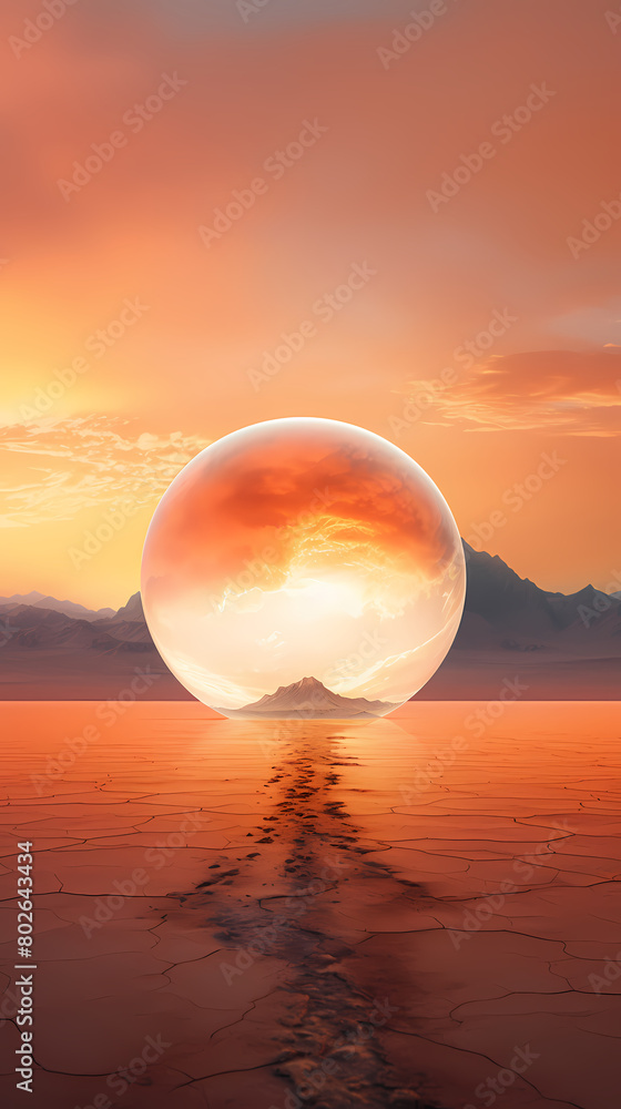 Glass sphere reflects vast desert landscape Glass sphere reflects vast desert landscape