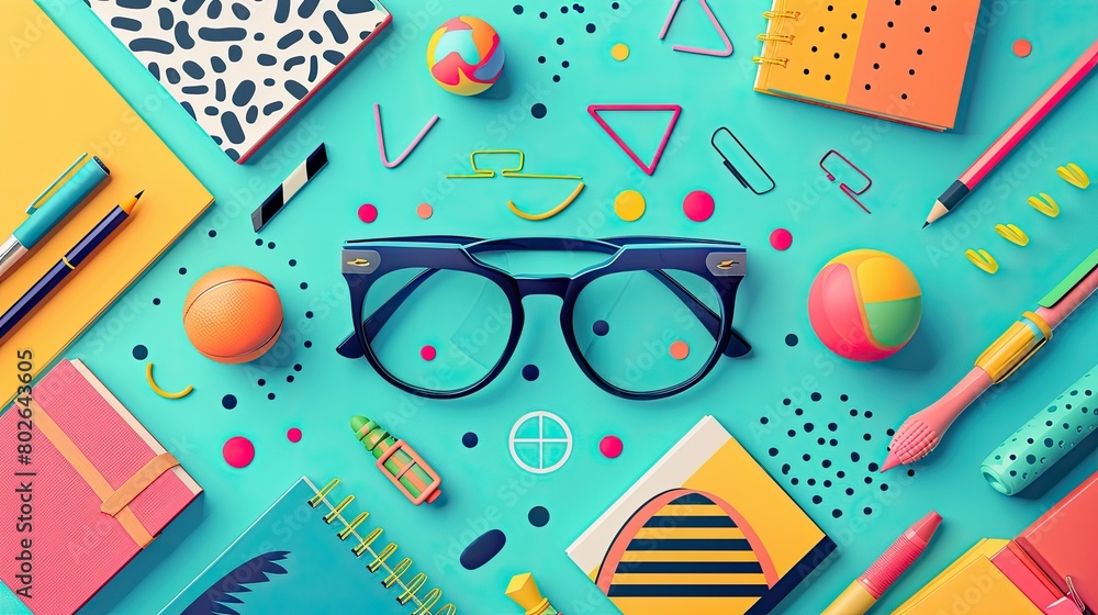 Glasses and school supplies on a light blue background. Glasses and school supplies on a light blue background.