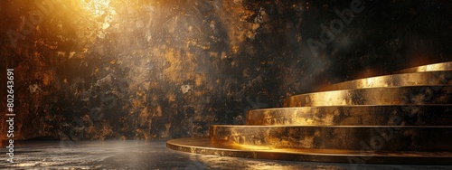 The beam of light is directed at a golden podium with steps on a black and gold background. The place for the award.