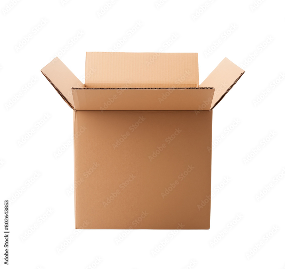 open and empty cardboard box with cover standing, isolated on transparent background. Generative AI