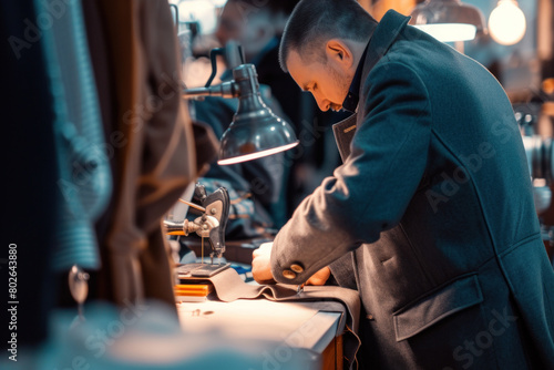 Tailor Focused on Designing and Adjusting Clothes in His Workshop photo
