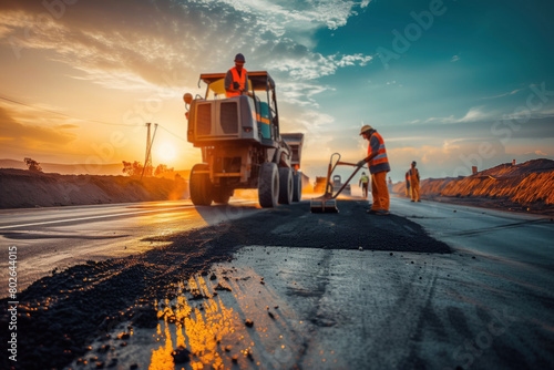 Construction Workers Paving a Road at Sunset with Heavy Machinery in Action