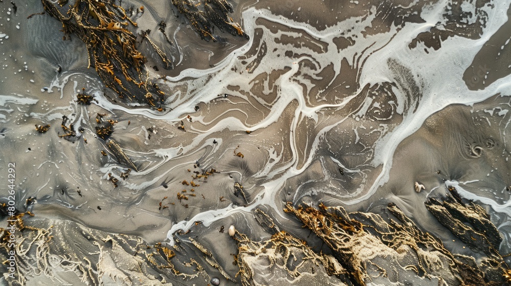 A breathtaking aerial view of waves crashing on a sandy beach, creating a beautiful water and rock landscape art in the world AIG50