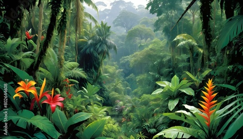 Lush Tropical Jungle With Exotic Plants And Vibra  2 photo