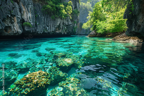 A tranquil lagoon surrounded by towering cliffs  its crystal-clear waters teeming with life.
