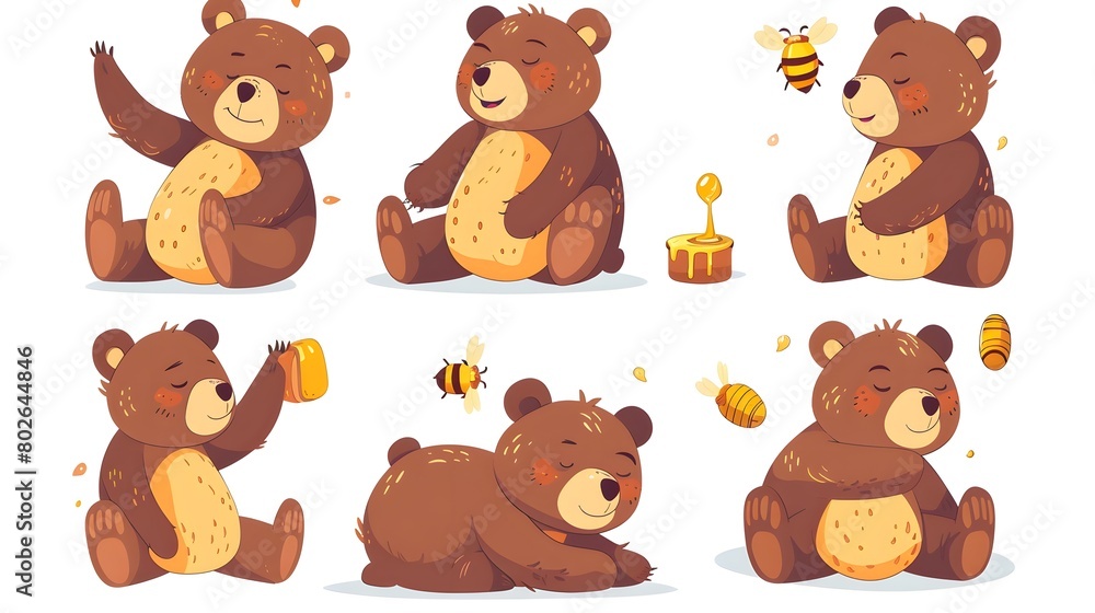 Fototapeta premium Cheerful Bear Character in Various Poses Rendered in Fun Cartoon Vector Style for Children’s Media