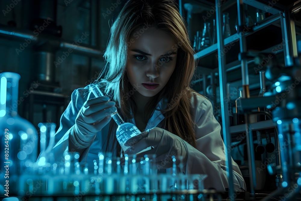 Focused Female Chemist Conducting Ominous Experiments in Dimly Lit Laboratory with Dramatic Lighting and Scientific Apparatus