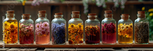 bottles of wine in a glass, Medicinal herbs and tinctures alternative medici