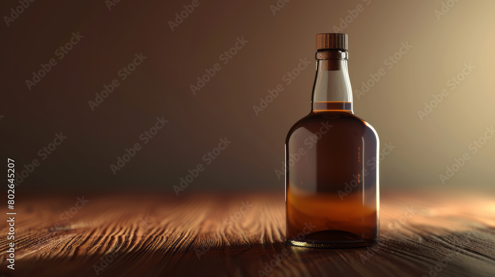An empty bottle of a chocolate spirit is shown, with a photorealistic representation in brown, and pure color. An empty bottle of a chocolate spirit is shown, with a photorealistic representation in brown, and pure color.
