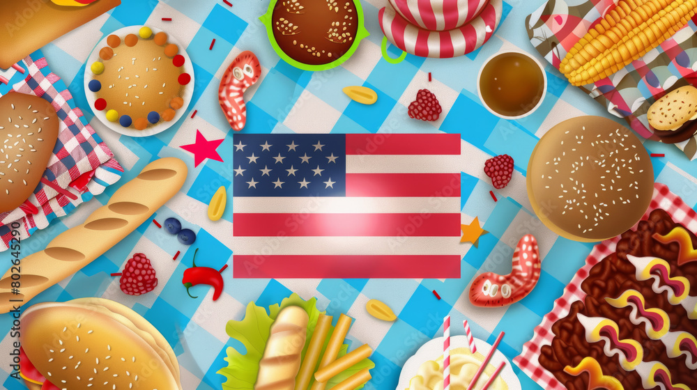 Obraz premium American flag picnic food table top view