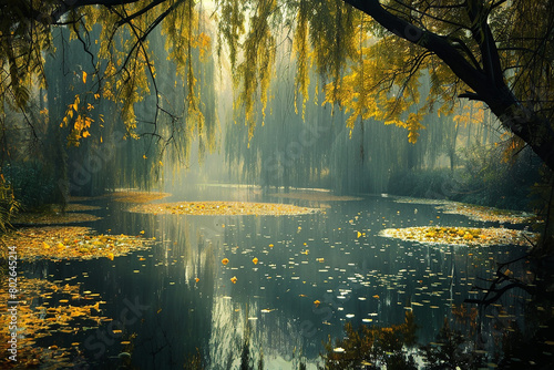 A tranquil pond surrounded by weeping willows  their branches dipping into the still water.