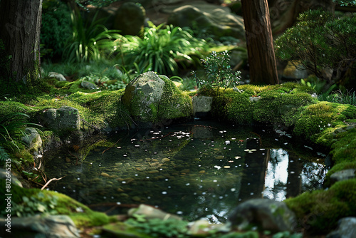 A tranquil pond nestled among moss-covered rocks in a tranquil woodland setting.