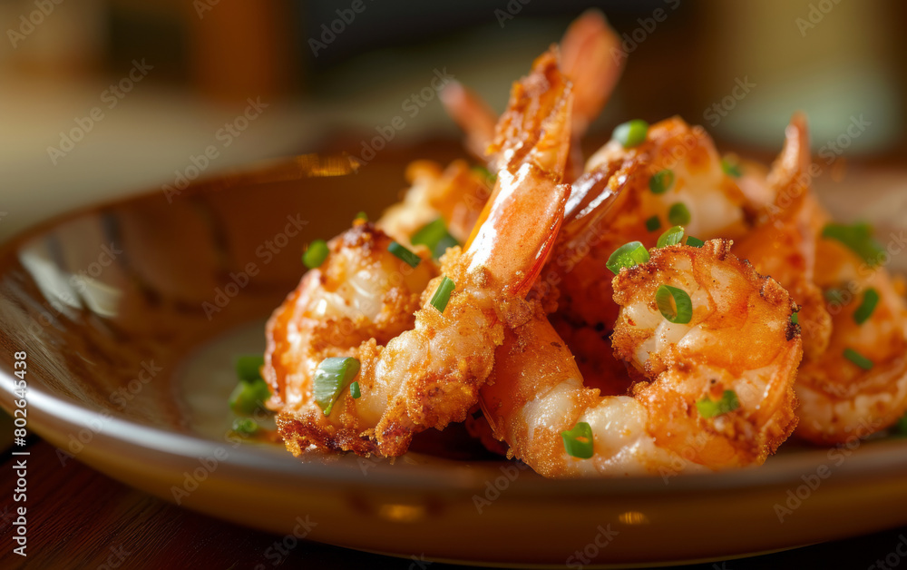 Crispy fried shrimp on a brown plate, in a Japanese-inspired imagery style, with sharp focus and luminous glazes. Crispy fried shrimp on a brown plate, in a Japanese-inspired imagery style, with sharp focus and luminous glazes.
