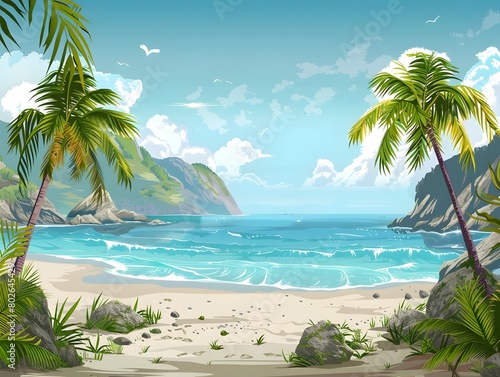 Cartoon Vector Vacation Scenery of a Summer Tropical Lagoon with Calm Sea  Beach  Palm Trees  and Rocky Mountains