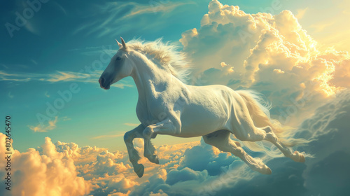 A white horse flying through the sky with clouds, with a sleek metallic finish. photo