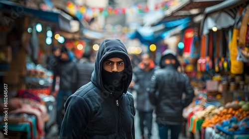 Clandestine figure slips through the bustling marketplace evading notice among the colorful stalls and energetic crowd description In a crowded city photo