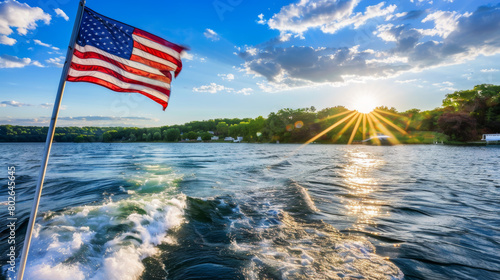Fototapeta Naklejka Na Ścianę i Meble -  American flag waving on boat during sunset over lake