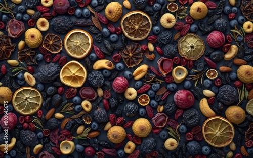 Many dried fruits and nuts are arranged on the ground, influenced by precisionism, in a warmcore style, with light navy and dark maroon colors. photo