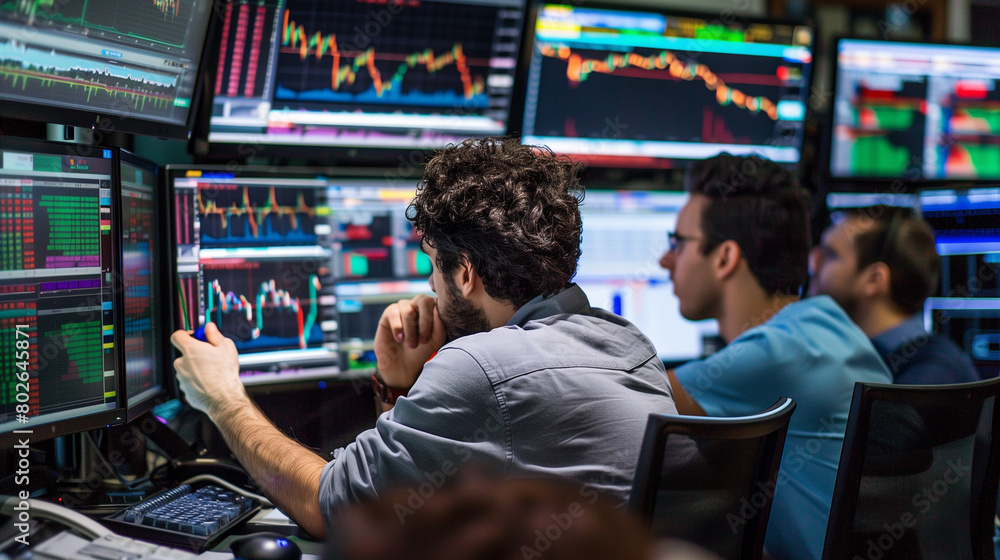 custom made wallpaper toronto digitalYoung Investors at Tech Startup Watching Stock Performance on Multiple Monitors, Vibrant Colors, Sharp Image, Dynamic Office Environment