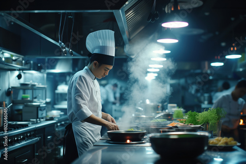 Focused chef in a bustling industrial kitchen frying food in a wok, with steam rising and intense kitchen activity around. photo