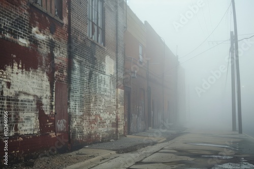 Discover the eerie beauty of a deserted warehouse district on a foggy morning, where ghostly shapes loom out of the mist and the air is thick, Generative AI photo