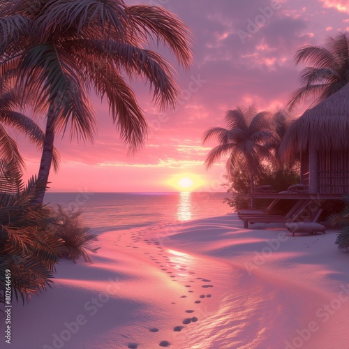 bungalow on the beach with sunset background
