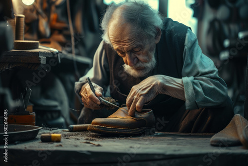 Elderly shoemaker with years of expertise meticulously repairing a leather shoe in his traditional workshop, surrounded by tools. © KirKam