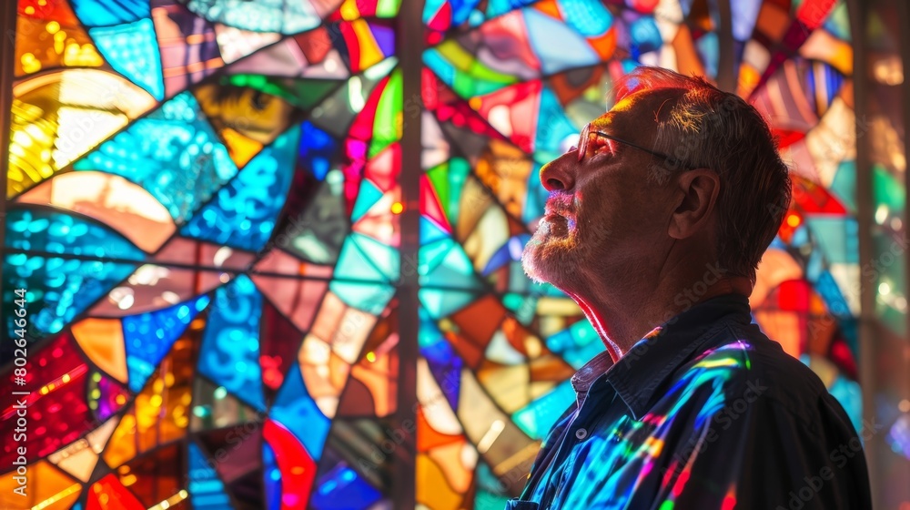 A man standing in front of a large stained glass window he created admiring the vibrant colors and intricate patterns that he carefully pieced together. A man standing in front of a large stained glass window he created admiring the vibrant colors and intricate patterns that he carefully pieced together.