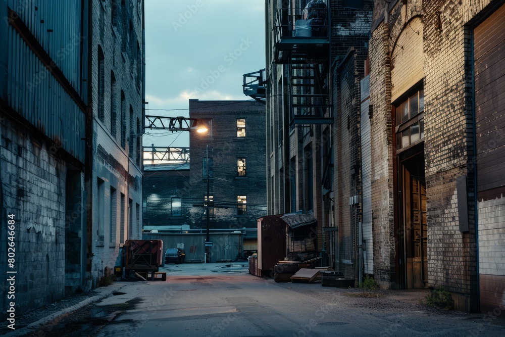 Explore the gritty industrial charm of a warehouse district at dusk, where towering brick buildings and rusty old structures create a labyrinth,Generative AI