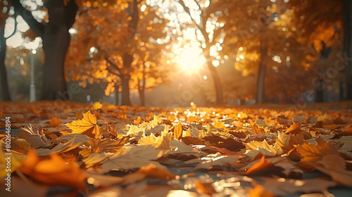 Autumn background with golden leaves on the ground in a park at sunset. A beautiful autumn landscape. An autumn concept. photo