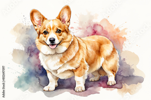 Watercolor Corgi isolated on a white background. Pet portrait with copy space.