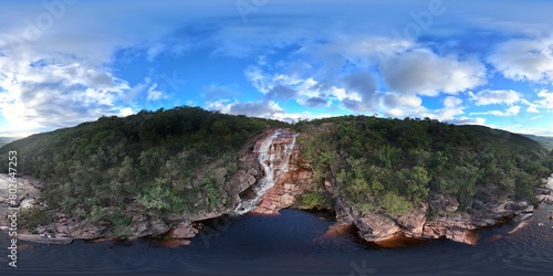 360 aerial photo taken with drone of Riachinho waterfall in Chapada Diamantina, Brazil