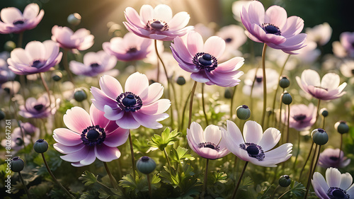 Abstract, beautiful anemone flowers with soft focus in spring or summer on a white background