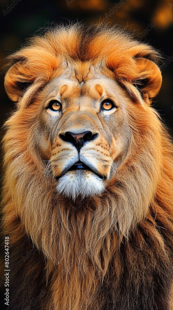 A lion with a long mane and a golden face