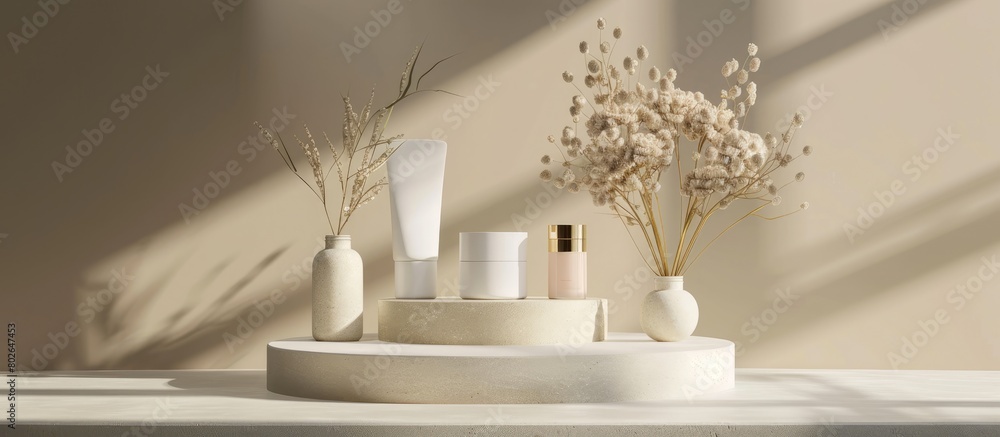 Three stone product display. Simple mockup featuring a podium with space for text, promotions, and showcasing cosmetic products. Three stone product display. Simple mockup featuring a podium with space for text, promotions, and showcasing cosmetic products.