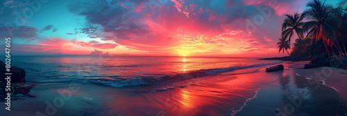 sunset over the sea,
Tranquil Sunset Vibrant Sky Over Calm Ocean Palm #802647605
