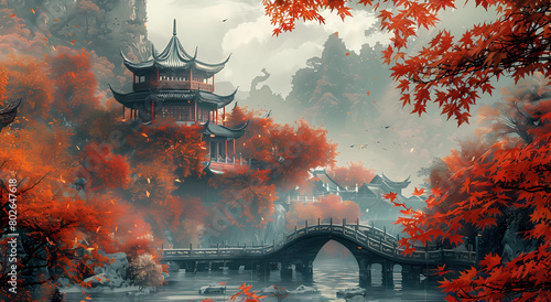 Chinese style architecture red maple trees