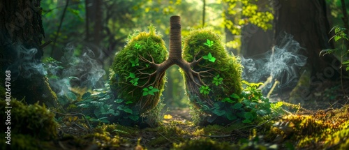 A pair of lungs composed of tree trunks and foliage set in a magical forest environment illustrating the vital connection between natures health and our own. photo