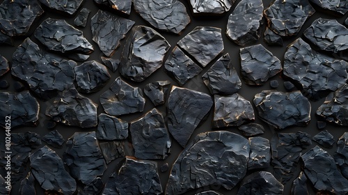 Black stone texture background, 3d rendering illustration of black stones wall pattern, top view. Background design for dark wallpaper, cover or banner with rough rocks surface. 