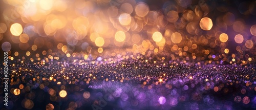 Abstract background of shiny gold with lavender bokeh lights and glitter on black featuring shimmering golden particles and light effects. photo