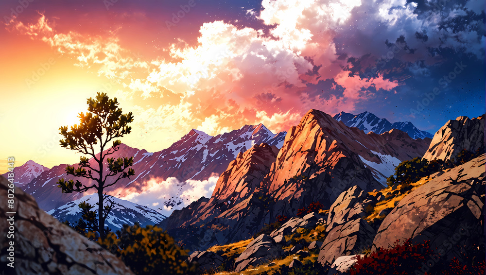 high Sierra mountains at sunset with tree painting