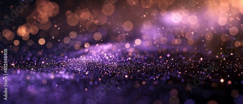 Aesthetic design of purple bokeh lights on a shiny black texture complemented by a shiny gold background with sparkling light particles and glitter.