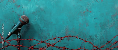 Artistic photo capturing a microphone entangled in red barbed wire set against a stark teal background symbolizing censored communication. photo