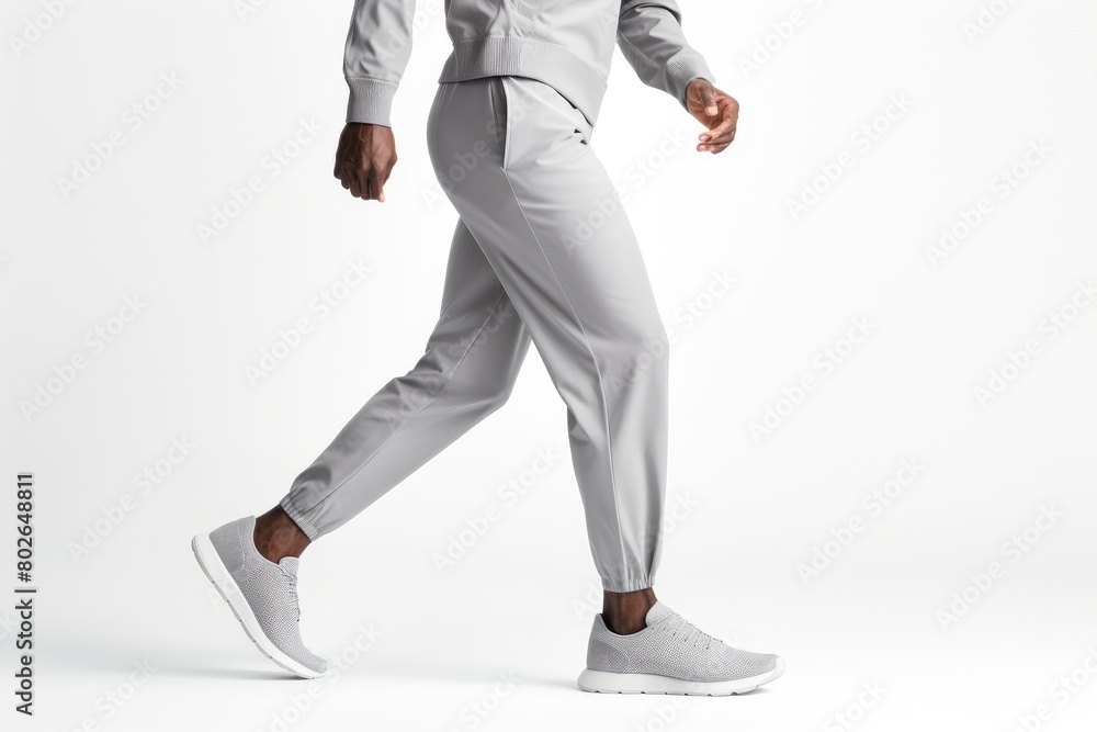 a man wearing sweatpants is seen from the side. plain light gray sweatpants mockup. healthy concept a man wearing sweatpants is seen from the side. plain light gray sweatpants mockup. healthy concept