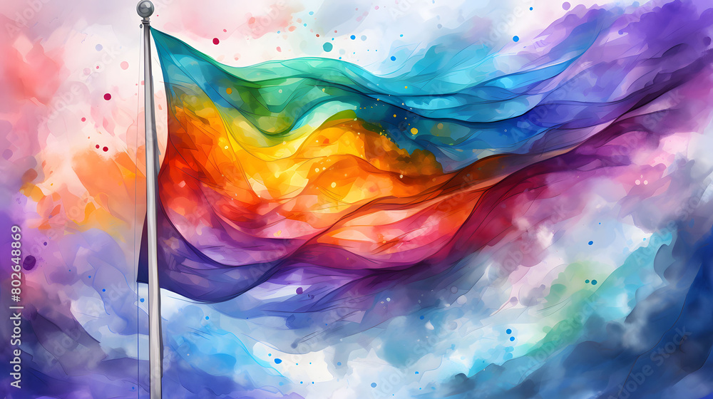 watercolor illustration of pride month concept rainbow flag on white background.