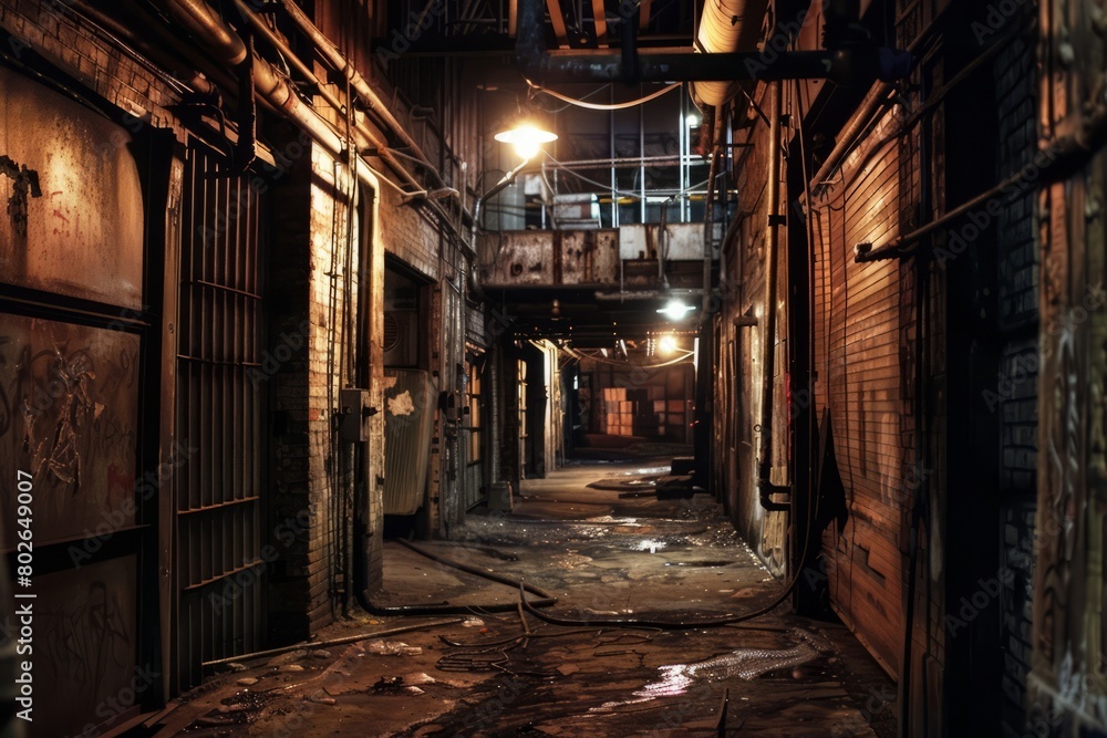 Venture into the gritty underbelly of a warehouse district, where shady characters lurk in shadowy doorways and the air is heavy withthe smell, Generative AI