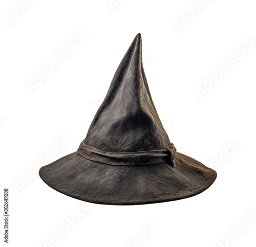 Classic black witch's hat with a pointed top, isolated against a white background, symbolizing magic and fantasy. Generative AI
